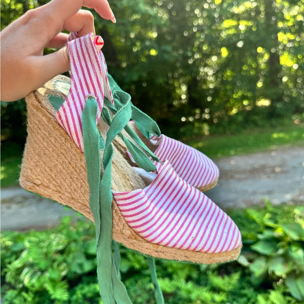 GAP Pink and White Striped Espadrilles with Green Laces